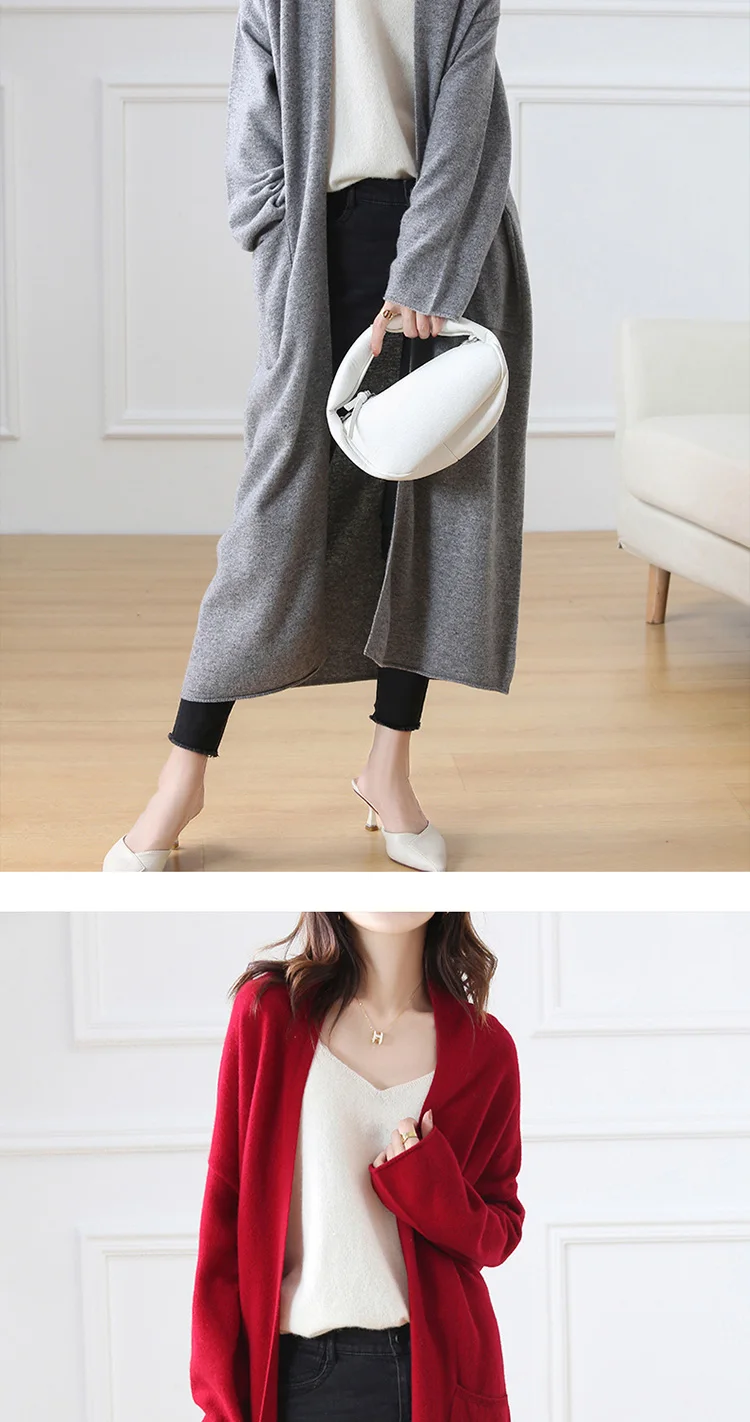 Hot Sale Autumn Winter New 100% Wool Cardigan Sweater Women's V-Neck Solid Fashion Long Female Loose Soft Knit Large Size Coat