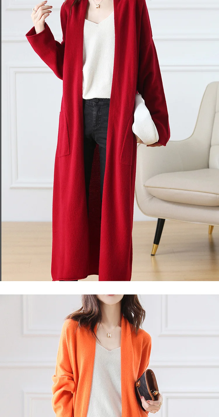 Hot Sale Autumn Winter New 100% Wool Cardigan Sweater Women's V-Neck Solid Fashion Long Female Loose Soft Knit Large Size Coat