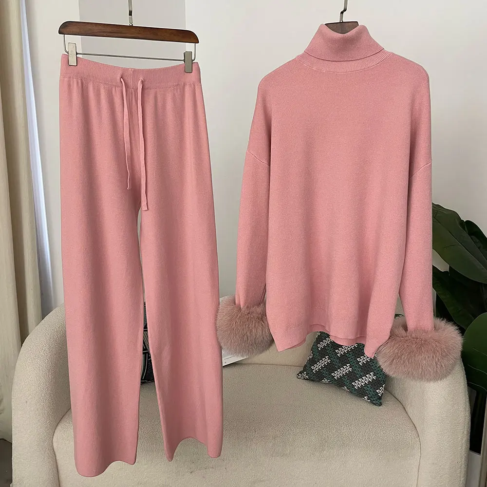 2024 New Fashion Autumn Winter Natural Real Fox Fur Cuffs Coat Knitted Sweater Women Long Pants Set Jacket Thick Warm