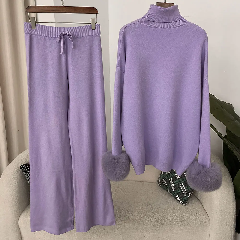 2024 New Fashion Autumn Winter Natural Real Fox Fur Cuffs Coat Knitted Sweater Women Long Pants Set Jacket Thick Warm