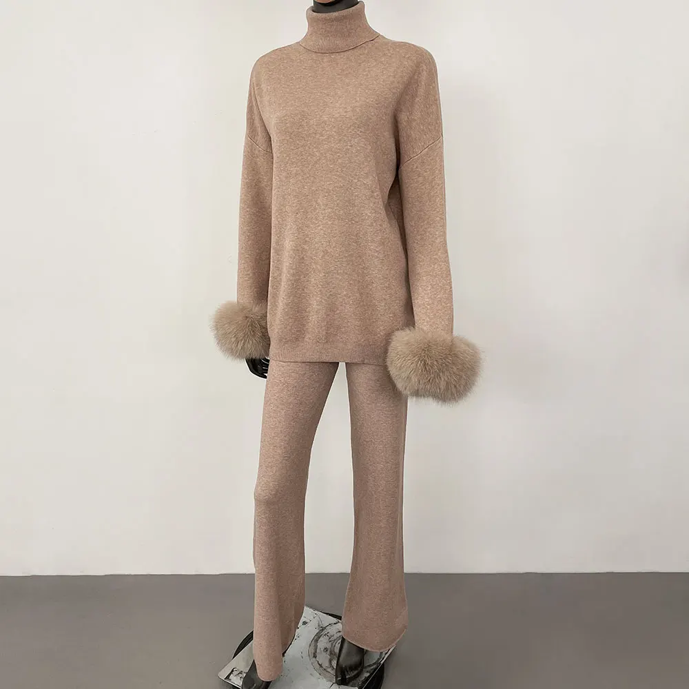 2024 New Fashion Autumn Winter Natural Real Fox Fur Cuffs Coat Knitted Sweater Women Long Pants Set Jacket Thick Warm