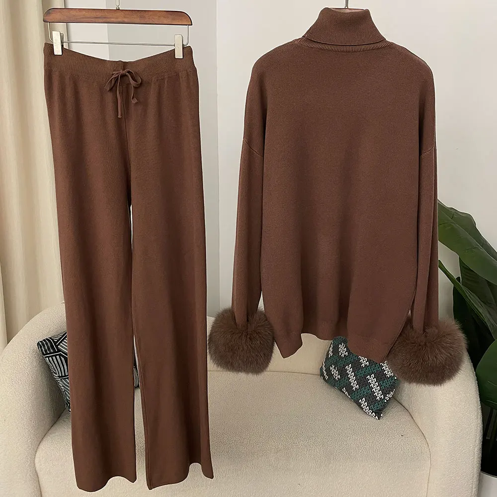 2024 New Fashion Autumn Winter Natural Real Fox Fur Cuffs Coat Knitted Sweater Women Long Pants Set Jacket Thick Warm