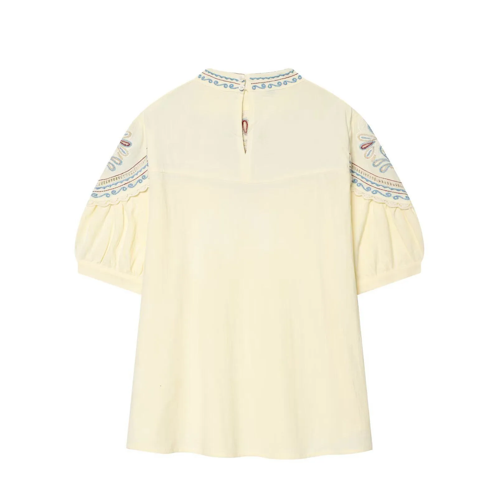 Bohe Vintage Embroidery Pleated Loose Tops Blouse Women Casual O-neck Puff Sleeve Tops T-shirts 2026 New Summer Holiday Tops