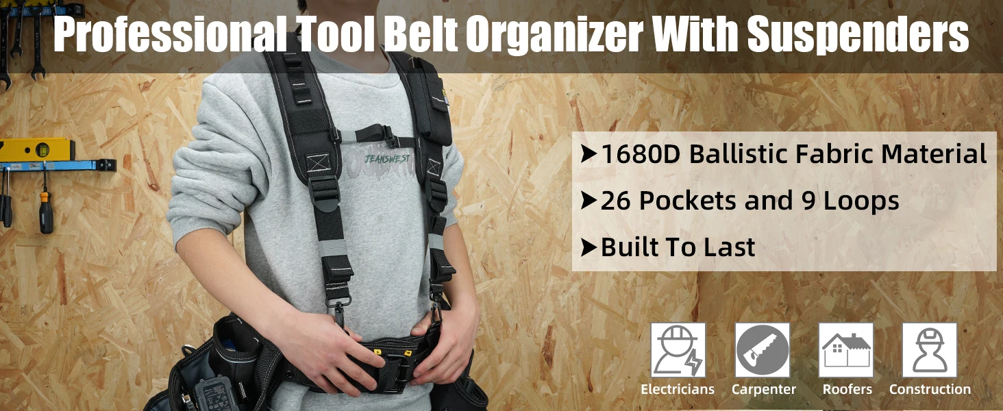 Carpenters Tool Belt with Suspenders Professional Tool Belt Combo Organizer With Tool Pouch Suspenders with 32 Pockets and Loops