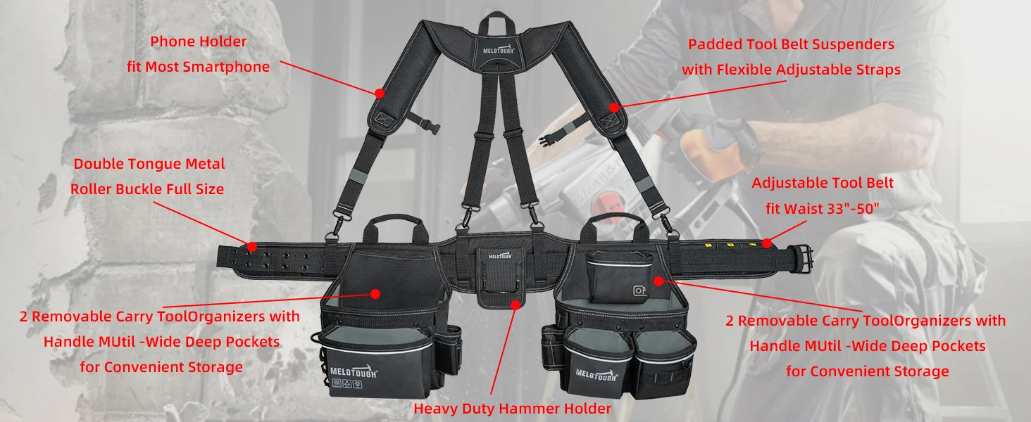 Carpenters Tool Belt with Suspenders Professional Tool Belt Combo Organizer With Tool Pouch Suspenders with 32 Pockets and Loops