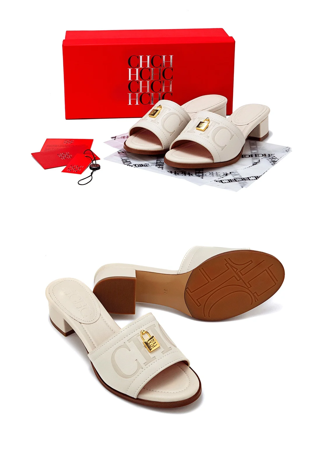 CH Fashion Monogram Print Elegant Design Women's Low Heeled Slippers Solid Color High Quality Metal Lock Simple Single Shoes