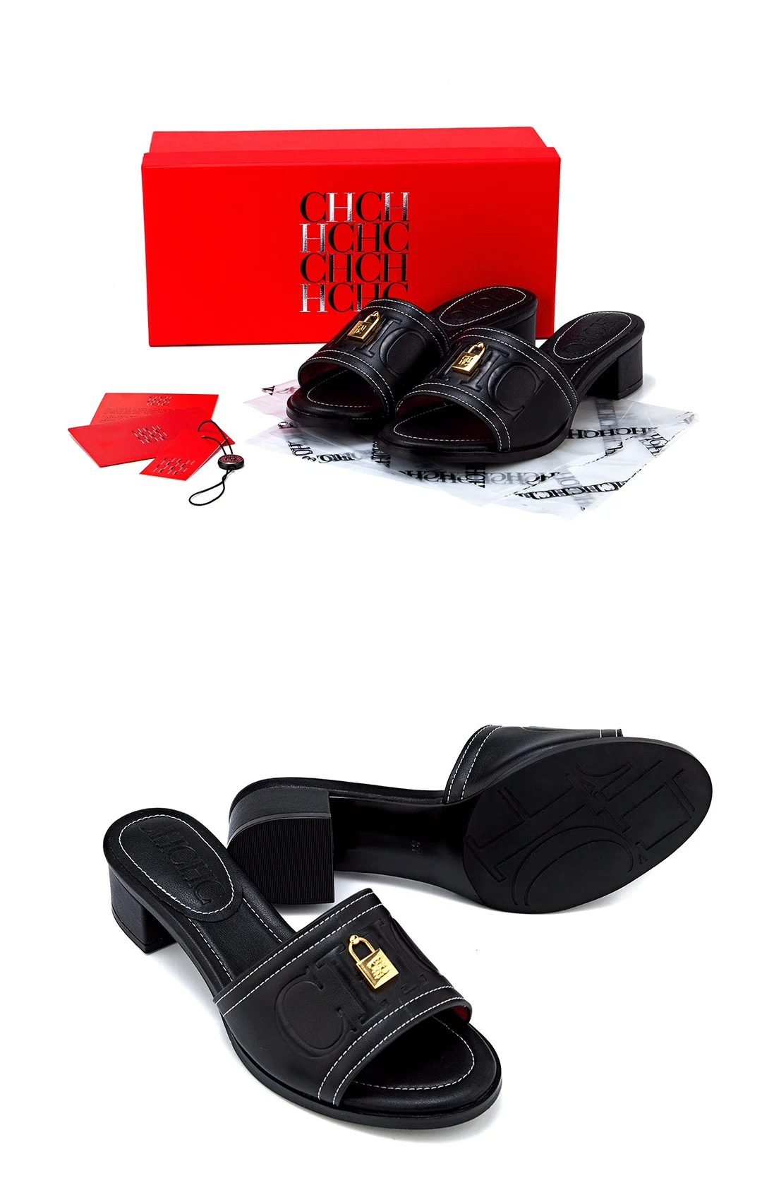 CH Fashion Monogram Print Elegant Design Women's Low Heeled Slippers Solid Color High Quality Metal Lock Simple Single Shoes
