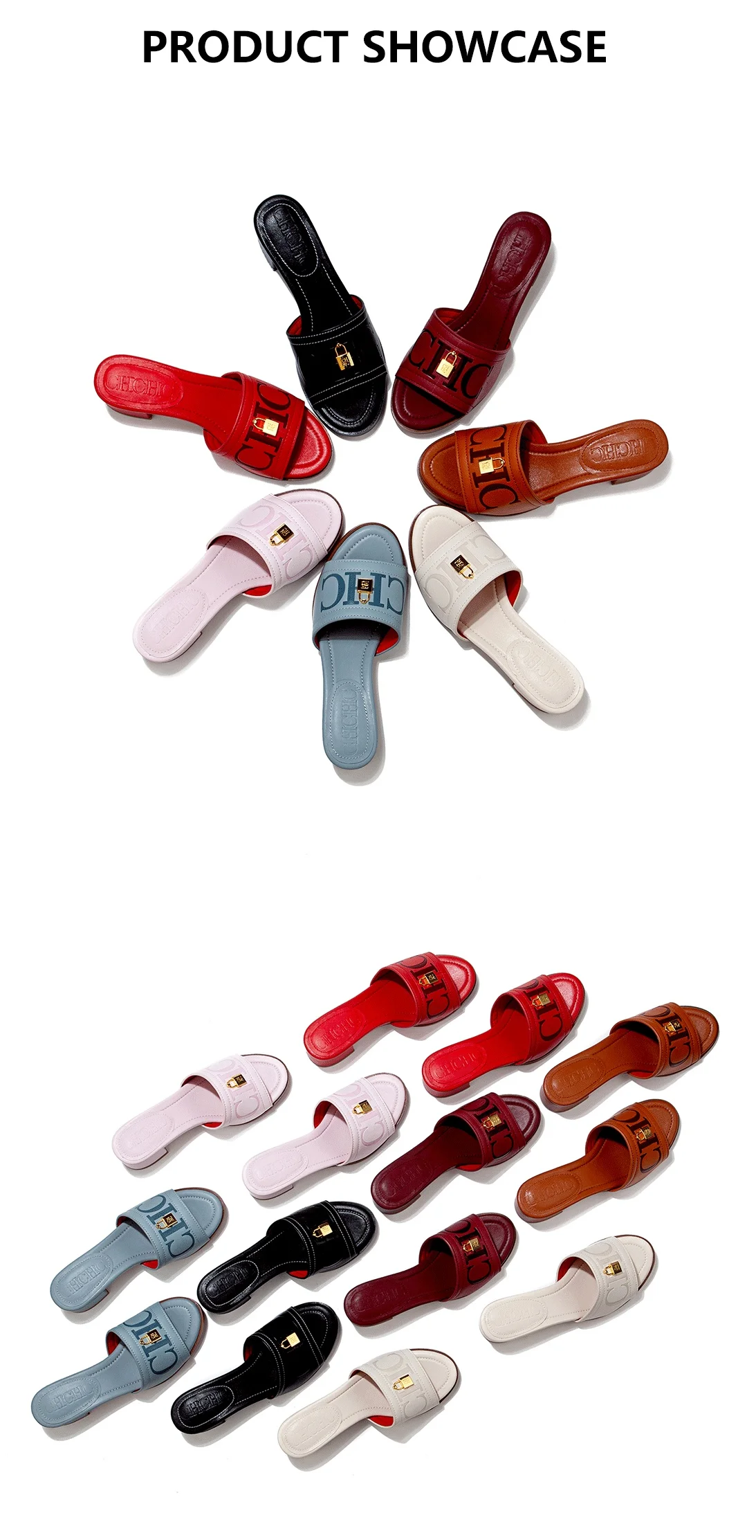 CH Fashion Monogram Print Elegant Design Women's Low Heeled Slippers Solid Color High Quality Metal Lock Simple Single Shoes