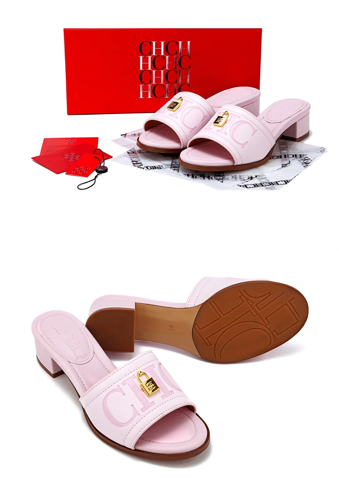 CH Fashion Monogram Print Elegant Design Women's Low Heeled Slippers Solid Color High Quality Metal Lock Simple Single Shoes