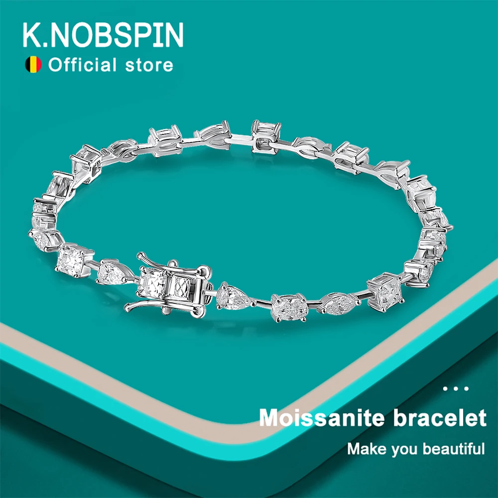 KNOBSPIN 6.3 - 8.1ct Moissanite Tennis Bracelets for Women Men D VVS1 Lab Grow Diamond s925 Sterling Silver Plated 18k Bracelet