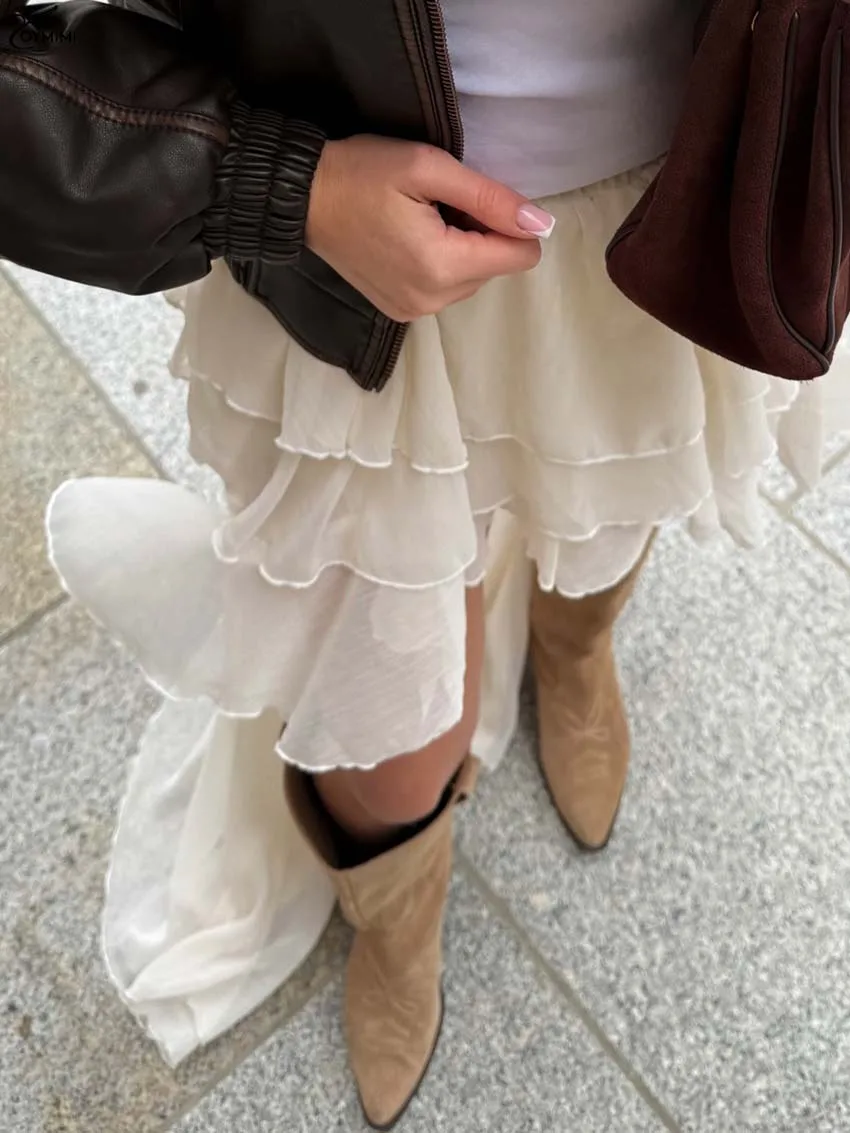 Oymimi Casual Apricot Loose Skirts For Women Fashion High Waisted Pleated Skirts Elegant Thin Floor-Length Skirt Female Clothing