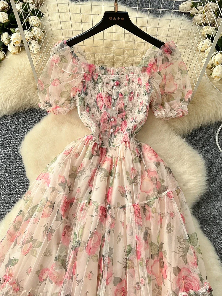 Summer Vintage French Mesh Dress for Women New Waist Cinched Slash Neck Bubble Sleeves Sweet Floral Chiffon Dress Female C146