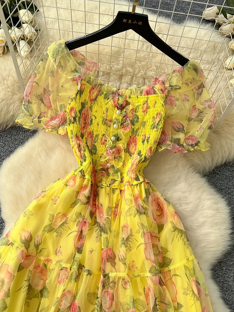 Summer Vintage French Mesh Dress for Women New Waist Cinched Slash Neck Bubble Sleeves Sweet Floral Chiffon Dress Female C146