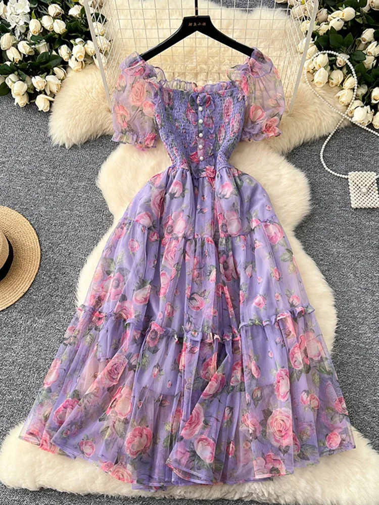 Summer Vintage French Mesh Dress for Women New Waist Cinched Slash Neck Bubble Sleeves Sweet Floral Chiffon Dress Female C146