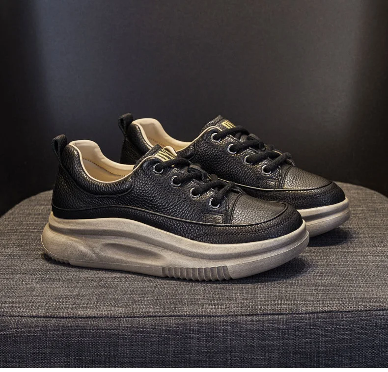 DRKANOL Fashion Women Thick Bottom Casual Sneakers Round Toe Genuine Cow Leather Chunky Platform Lace-Up Lightweight Shoes Lady