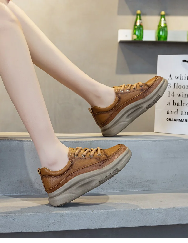 DRKANOL Fashion Women Thick Bottom Casual Sneakers Round Toe Genuine Cow Leather Chunky Platform Lace-Up Lightweight Shoes Lady