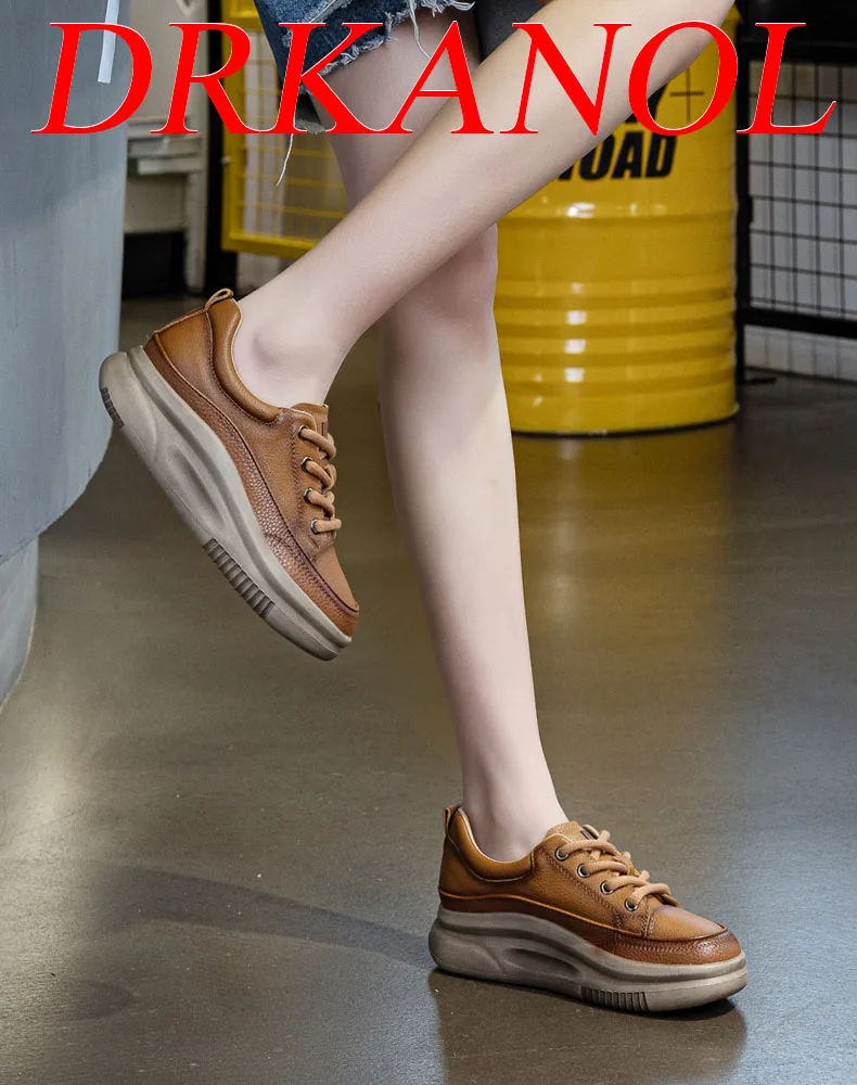 DRKANOL Fashion Women Thick Bottom Casual Sneakers Round Toe Genuine Cow Leather Chunky Platform Lace-Up Lightweight Shoes Lady