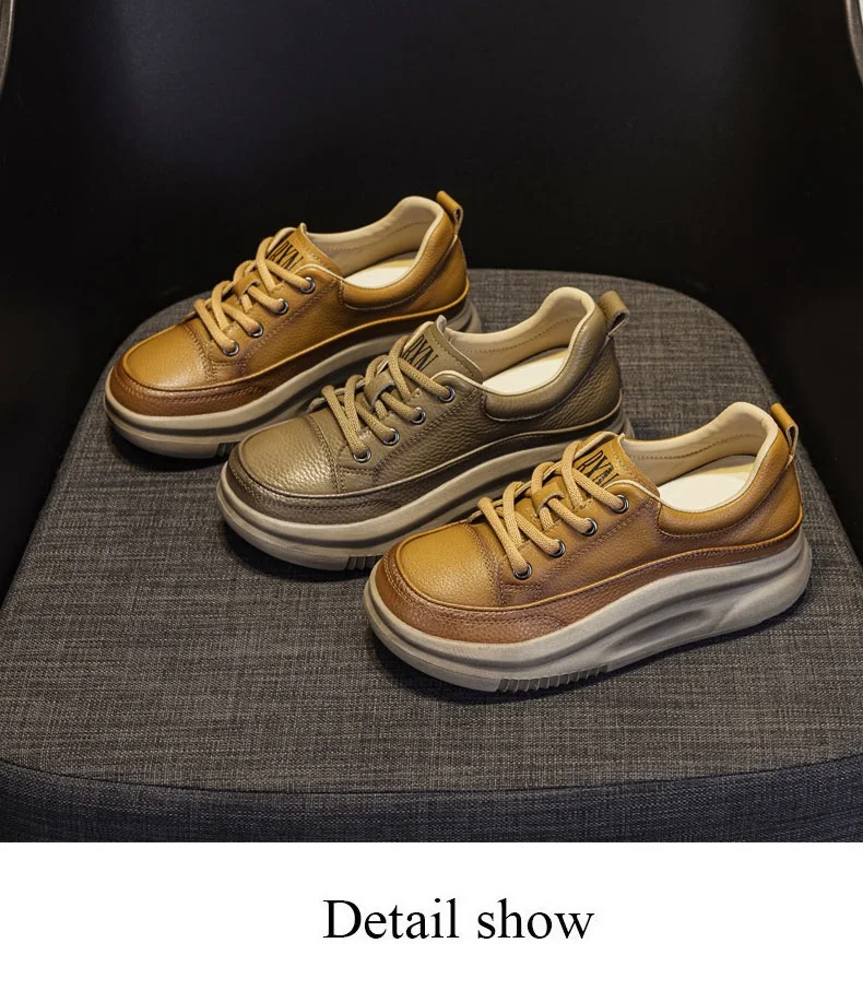 DRKANOL Fashion Women Thick Bottom Casual Sneakers Round Toe Genuine Cow Leather Chunky Platform Lace-Up Lightweight Shoes Lady