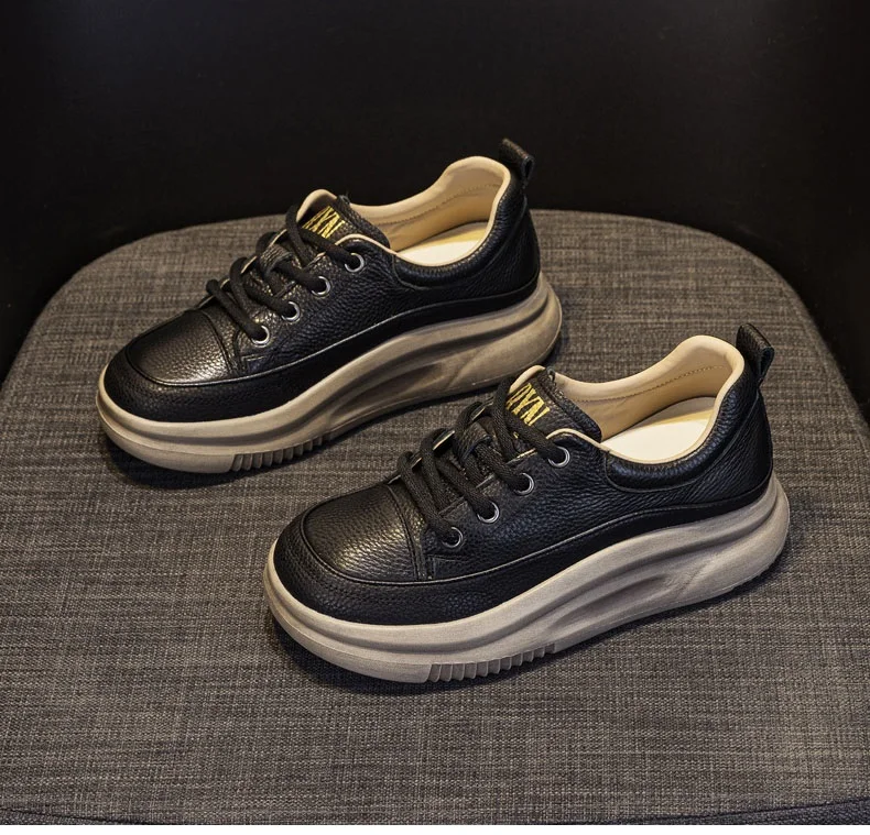 DRKANOL Fashion Women Thick Bottom Casual Sneakers Round Toe Genuine Cow Leather Chunky Platform Lace-Up Lightweight Shoes Lady