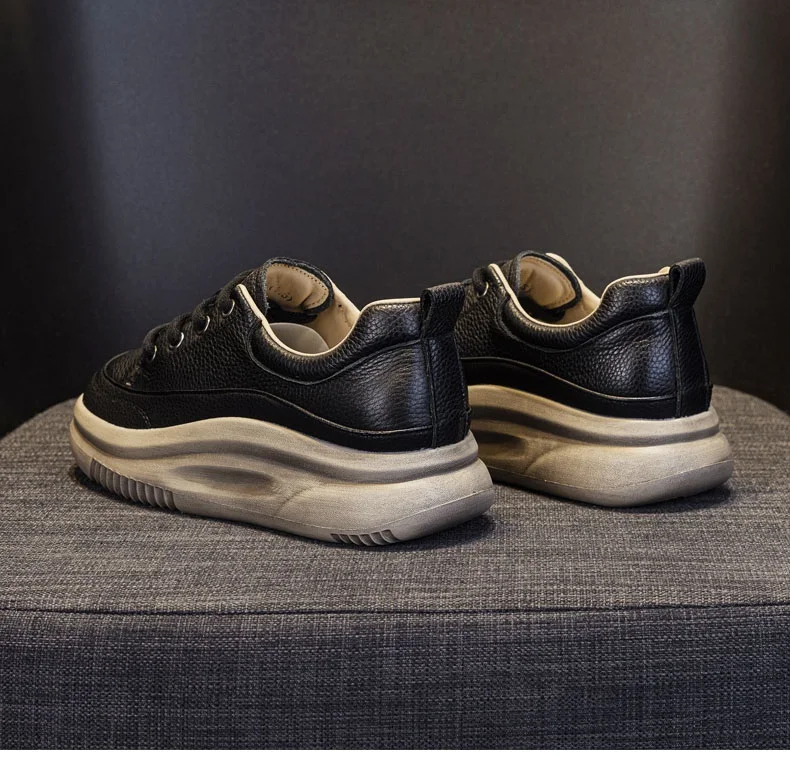 DRKANOL Fashion Women Thick Bottom Casual Sneakers Round Toe Genuine Cow Leather Chunky Platform Lace-Up Lightweight Shoes Lady