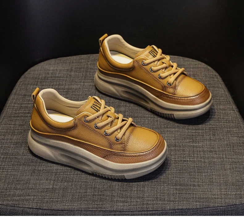 DRKANOL Fashion Women Thick Bottom Casual Sneakers Round Toe Genuine Cow Leather Chunky Platform Lace-Up Lightweight Shoes Lady