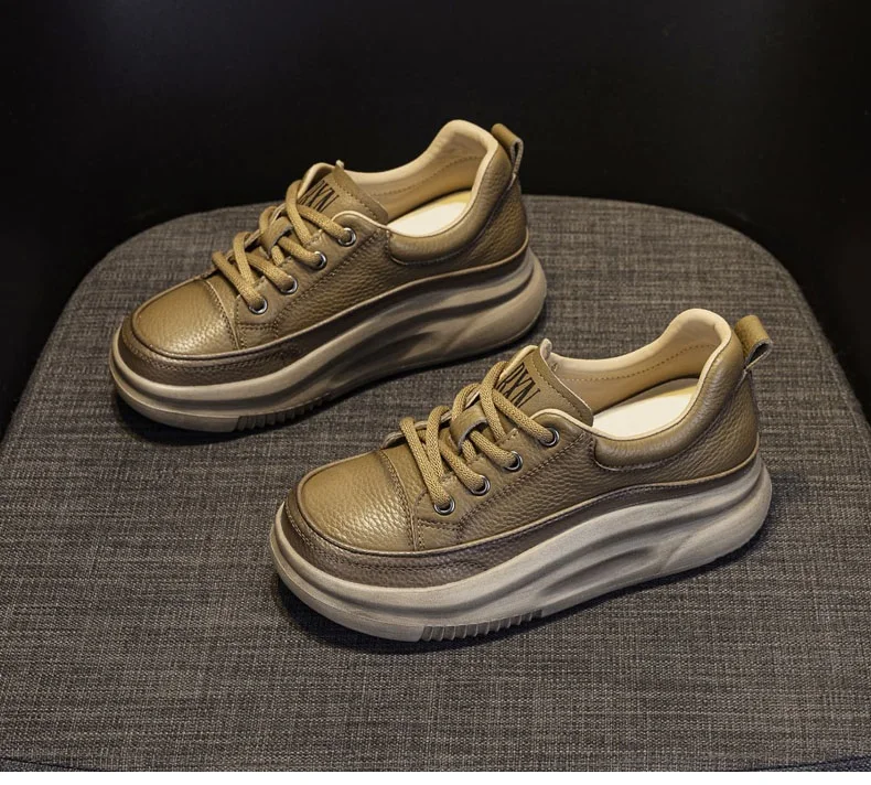 DRKANOL Fashion Women Thick Bottom Casual Sneakers Round Toe Genuine Cow Leather Chunky Platform Lace-Up Lightweight Shoes Lady