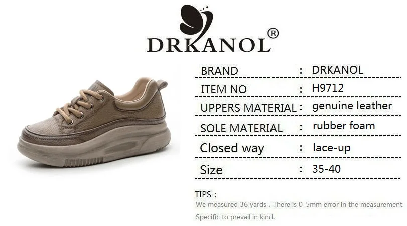 DRKANOL Fashion Women Thick Bottom Casual Sneakers Round Toe Genuine Cow Leather Chunky Platform Lace-Up Lightweight Shoes Lady