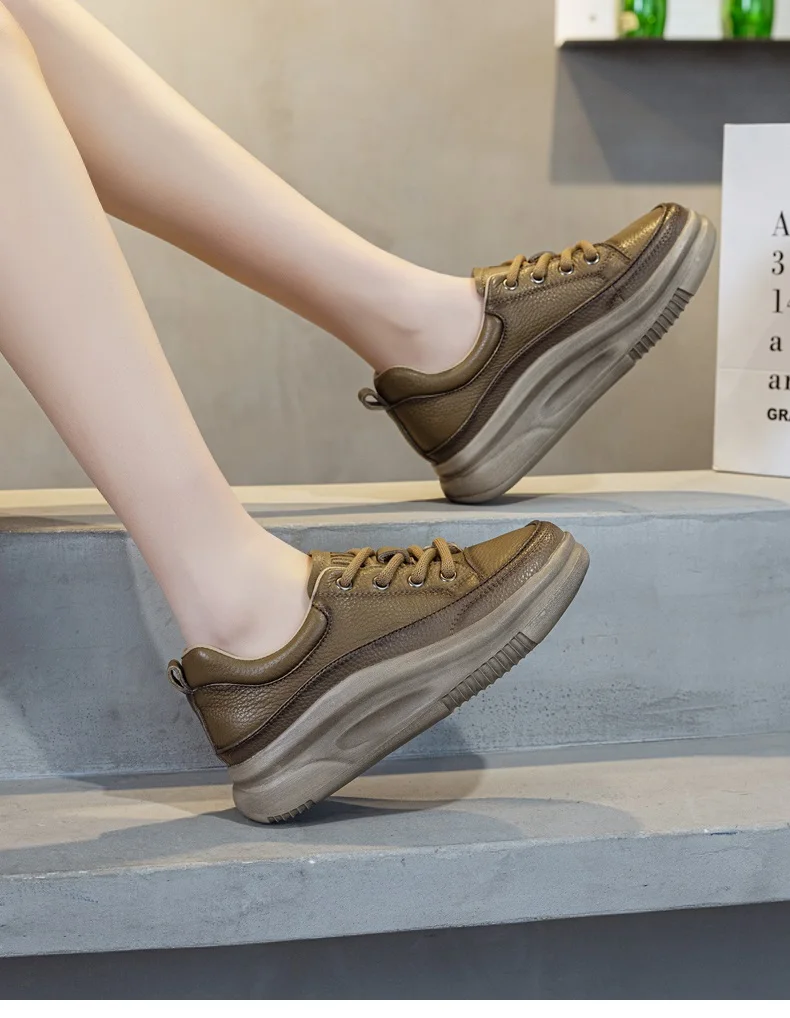DRKANOL Fashion Women Thick Bottom Casual Sneakers Round Toe Genuine Cow Leather Chunky Platform Lace-Up Lightweight Shoes Lady