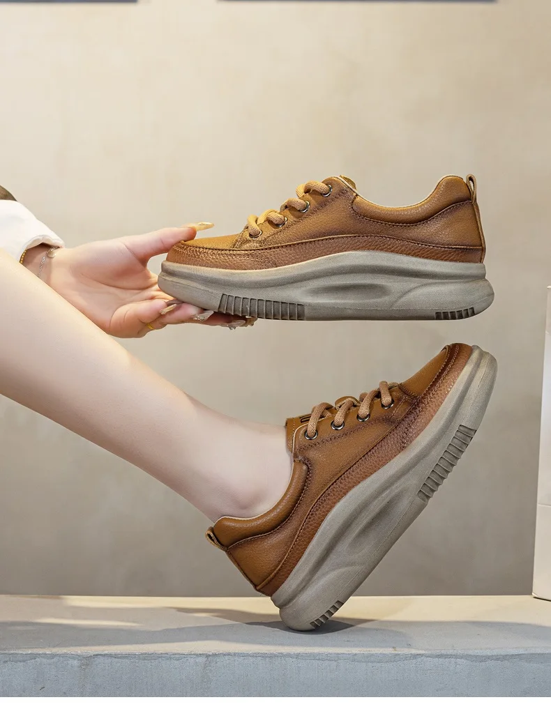 DRKANOL Fashion Women Thick Bottom Casual Sneakers Round Toe Genuine Cow Leather Chunky Platform Lace-Up Lightweight Shoes Lady