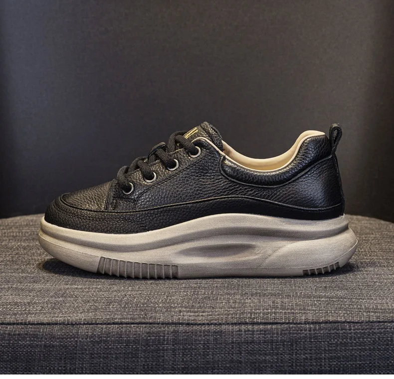 DRKANOL Fashion Women Thick Bottom Casual Sneakers Round Toe Genuine Cow Leather Chunky Platform Lace-Up Lightweight Shoes Lady