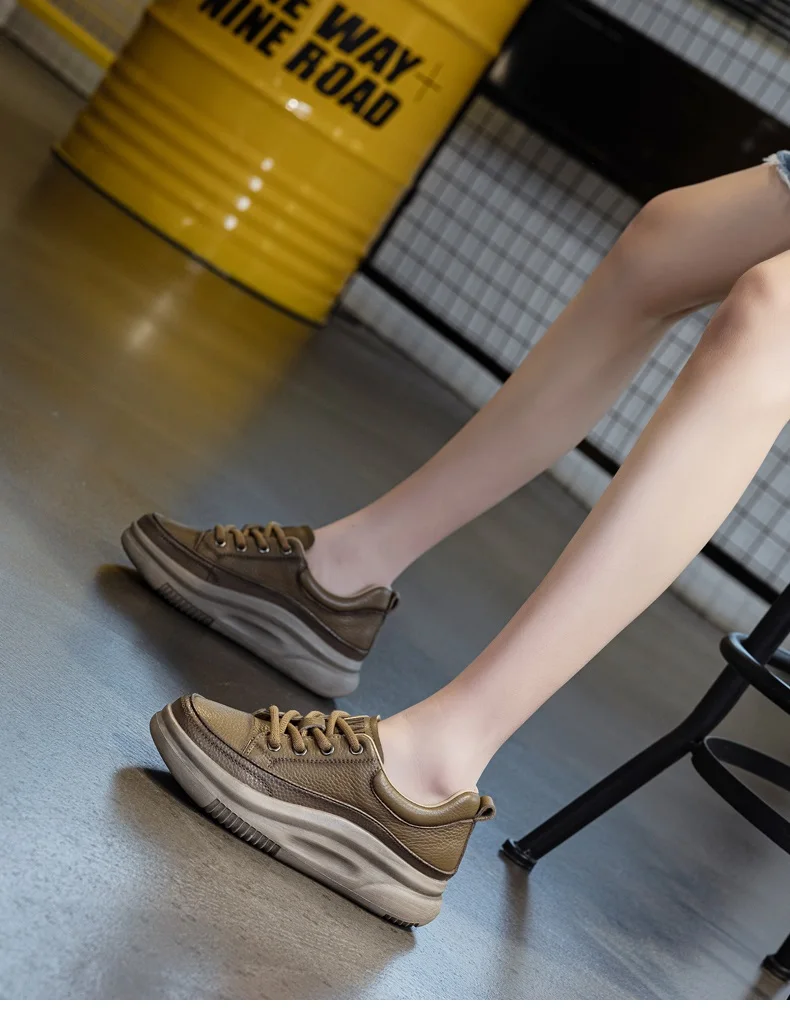 DRKANOL Fashion Women Thick Bottom Casual Sneakers Round Toe Genuine Cow Leather Chunky Platform Lace-Up Lightweight Shoes Lady
