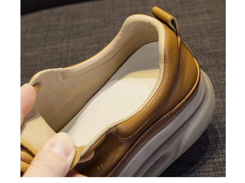 DRKANOL Fashion Women Thick Bottom Casual Sneakers Round Toe Genuine Cow Leather Chunky Platform Lace-Up Lightweight Shoes Lady