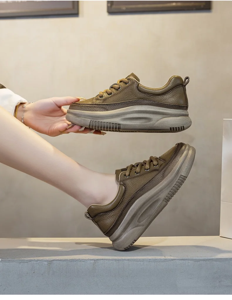 DRKANOL Fashion Women Thick Bottom Casual Sneakers Round Toe Genuine Cow Leather Chunky Platform Lace-Up Lightweight Shoes Lady