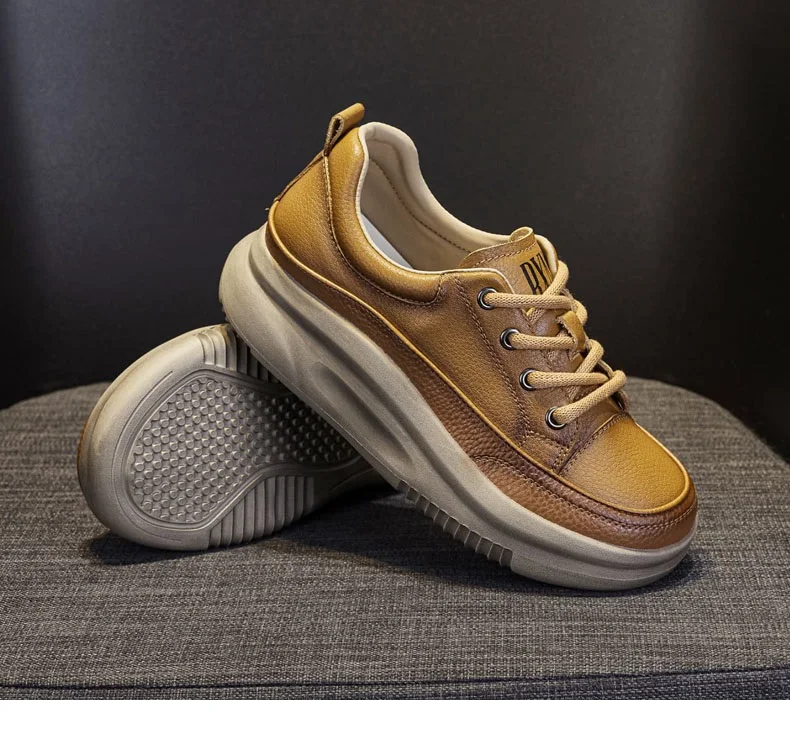 DRKANOL Fashion Women Thick Bottom Casual Sneakers Round Toe Genuine Cow Leather Chunky Platform Lace-Up Lightweight Shoes Lady