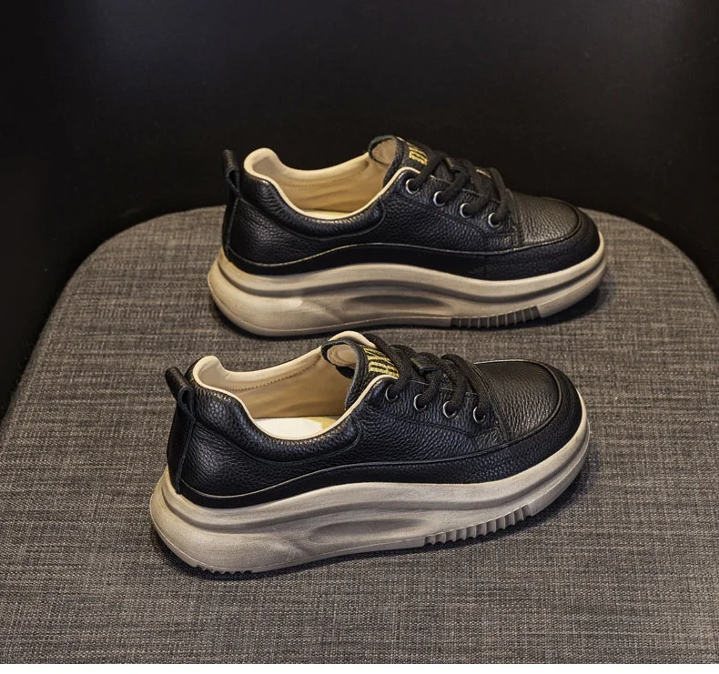 DRKANOL Fashion Women Thick Bottom Casual Sneakers Round Toe Genuine Cow Leather Chunky Platform Lace-Up Lightweight Shoes Lady