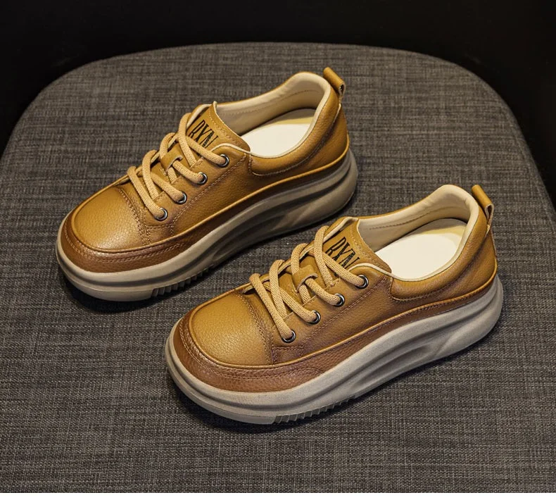 DRKANOL Fashion Women Thick Bottom Casual Sneakers Round Toe Genuine Cow Leather Chunky Platform Lace-Up Lightweight Shoes Lady