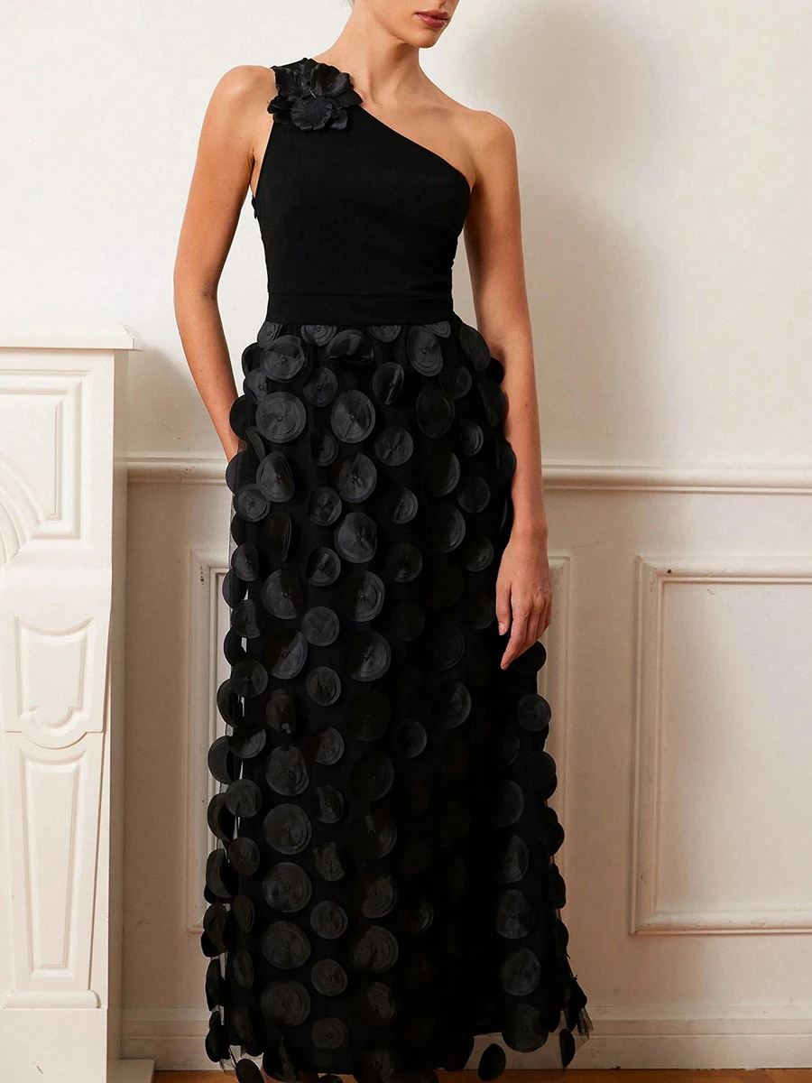 TWOTWINSTYLE Solid Patchwork Appliques Dresses For Women Diagonal Collar Sleeveless Backless High Waist Elegant Dress Female New