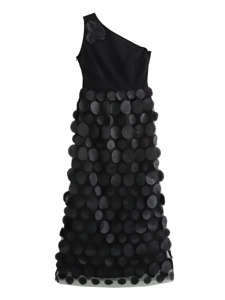 TWOTWINSTYLE Solid Patchwork Appliques Dresses For Women Diagonal Collar Sleeveless Backless High Waist Elegant Dress Female New