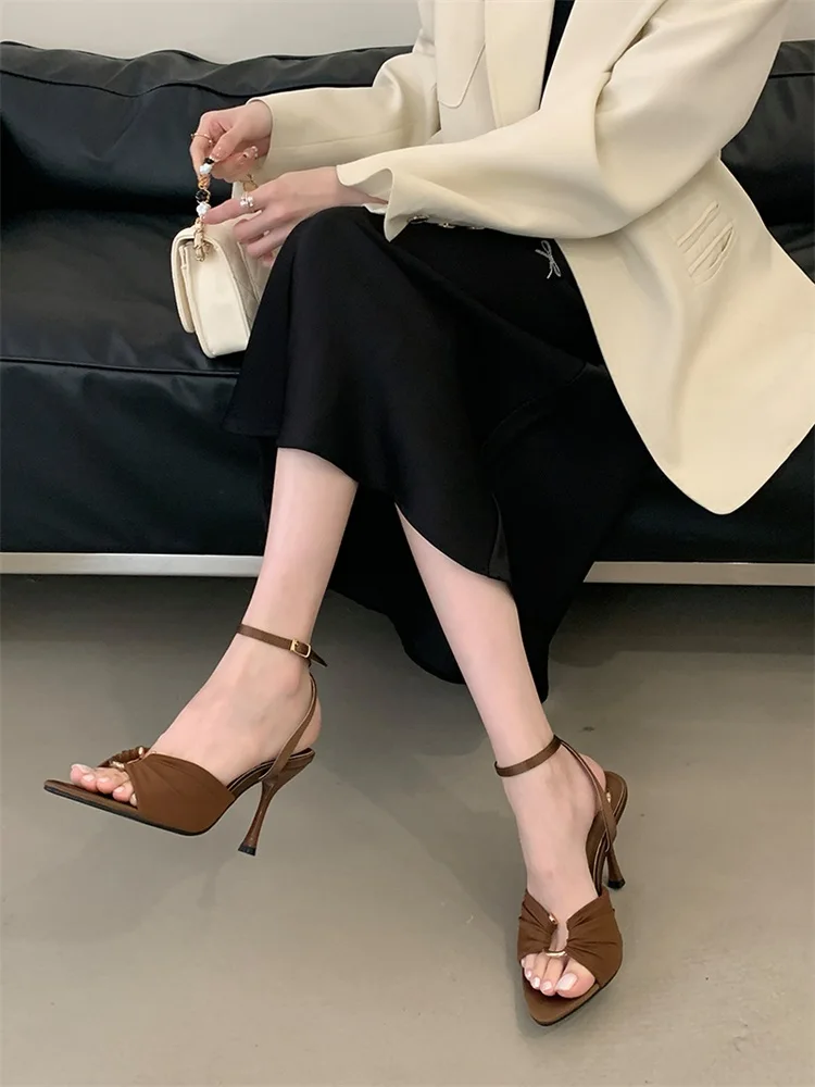 Eilyken Summer Fashion Thin Heels Pleated Hollow Out Buckle Strap Women Sandals Pointed Toe Banquet Party Female Shoes 6CM 9CM