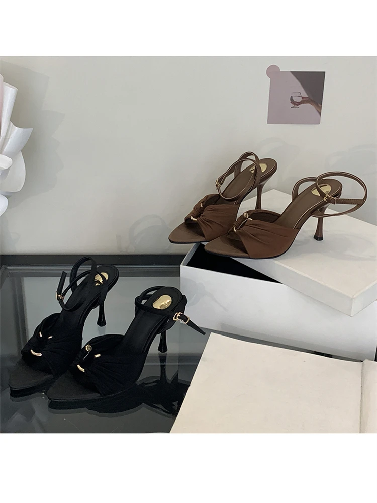 Eilyken Summer Fashion Thin Heels Pleated Hollow Out Buckle Strap Women Sandals Pointed Toe Banquet Party Female Shoes 6CM 9CM