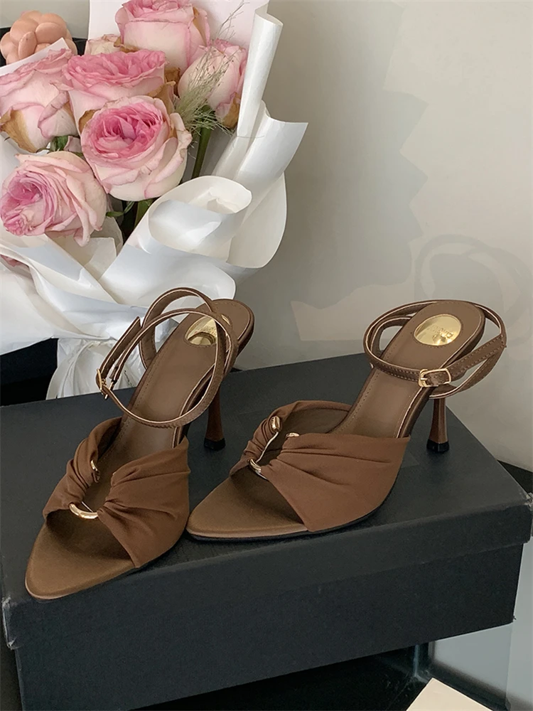 Eilyken Summer Fashion Thin Heels Pleated Hollow Out Buckle Strap Women Sandals Pointed Toe Banquet Party Female Shoes 6CM 9CM