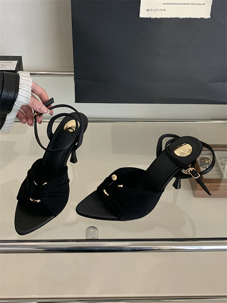 Eilyken Summer Fashion Thin Heels Pleated Hollow Out Buckle Strap Women Sandals Pointed Toe Banquet Party Female Shoes 6CM 9CM
