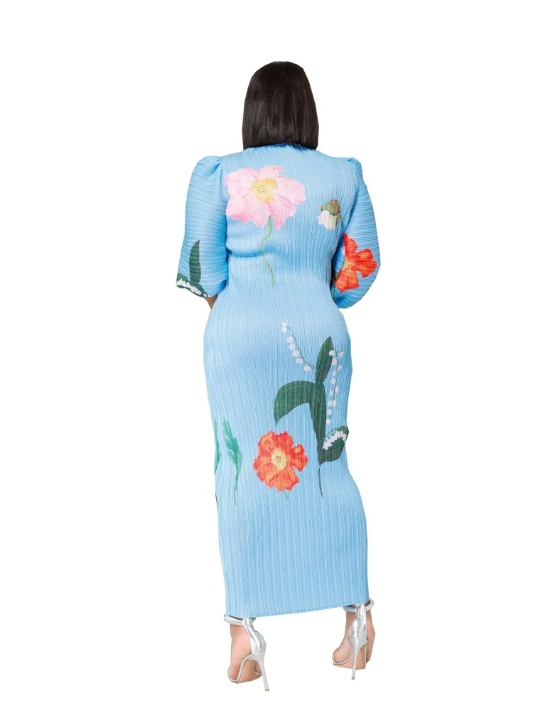 Wmstar Dresses Women Wholesale Fashion Ladies High Grade Lantern Sleeve Pleated Flower Print Round Neck Maxi Dress New Summer