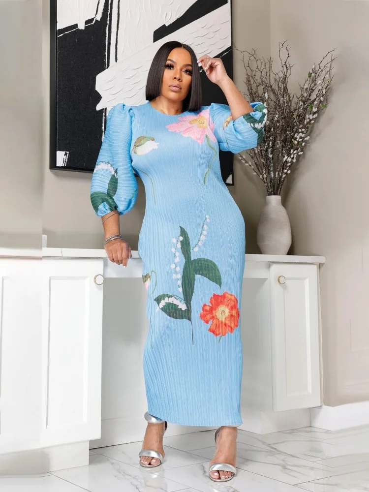 Wmstar Dresses Women Wholesale Fashion Ladies High Grade Lantern Sleeve Pleated Flower Print Round Neck Maxi Dress New Summer