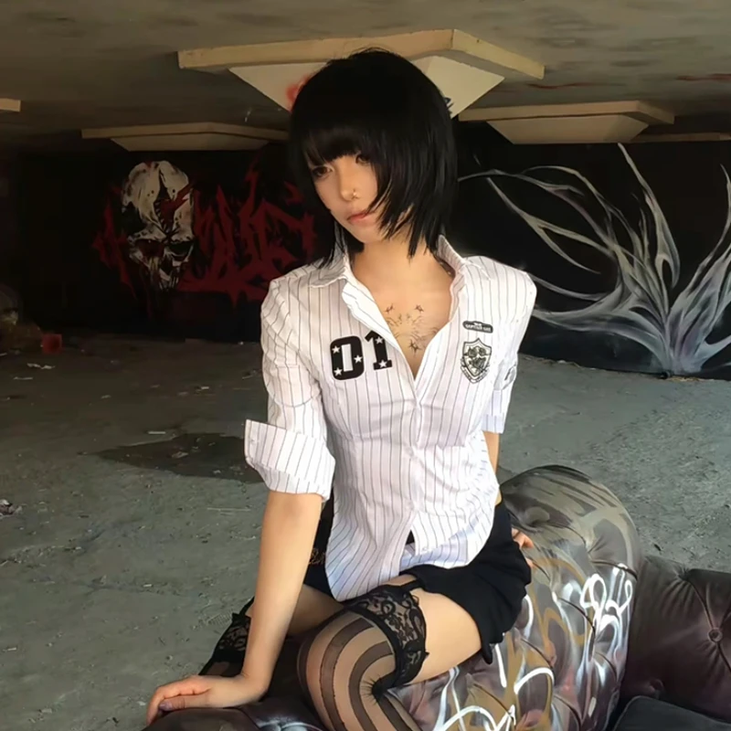Genayooa Y2k Japanese Striped Shirt Women Three Quarter Print Graphic Tops 2000s Aesthetic Tops Japanese Summer Crop Tops Grunge