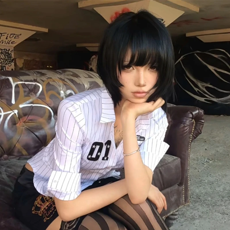 Genayooa Y2k Japanese Striped Shirt Women Three Quarter Print Graphic Tops 2000s Aesthetic Tops Japanese Summer Crop Tops Grunge