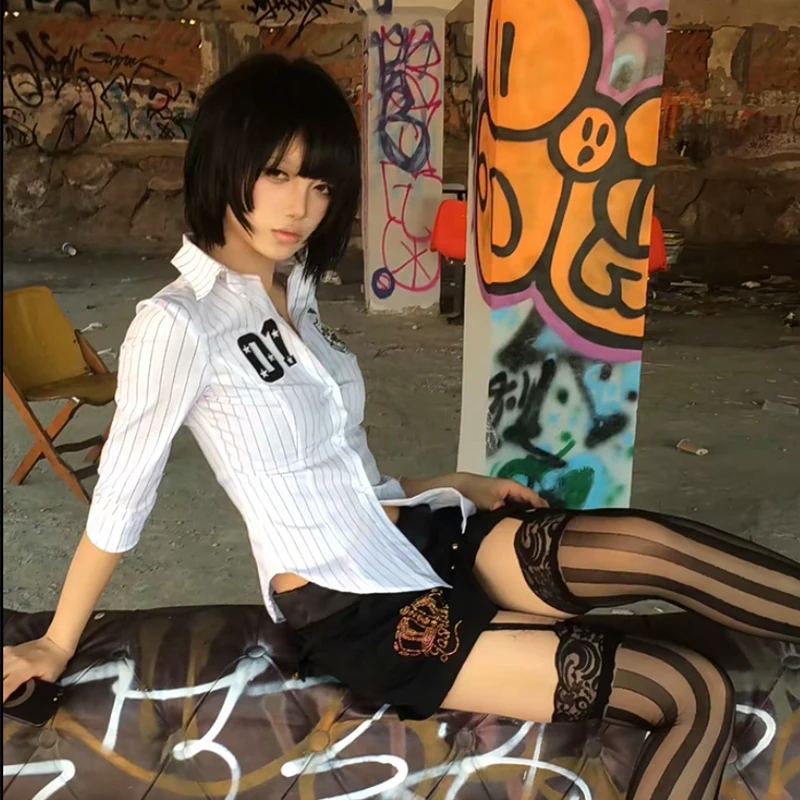 Genayooa Y2k Japanese Striped Shirt Women Three Quarter Print Graphic Tops 2000s Aesthetic Tops Japanese Summer Crop Tops Grunge