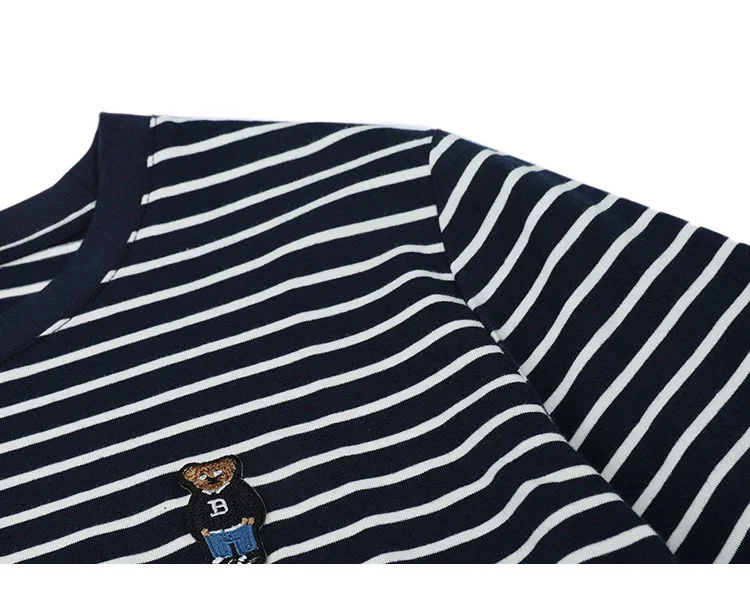 LOUISYAO Striped Long Sleeve T-Shirt Women 2026 Spring Summer Round Neck Bear Embroidery Stretchy Casual Ladies Tshirt