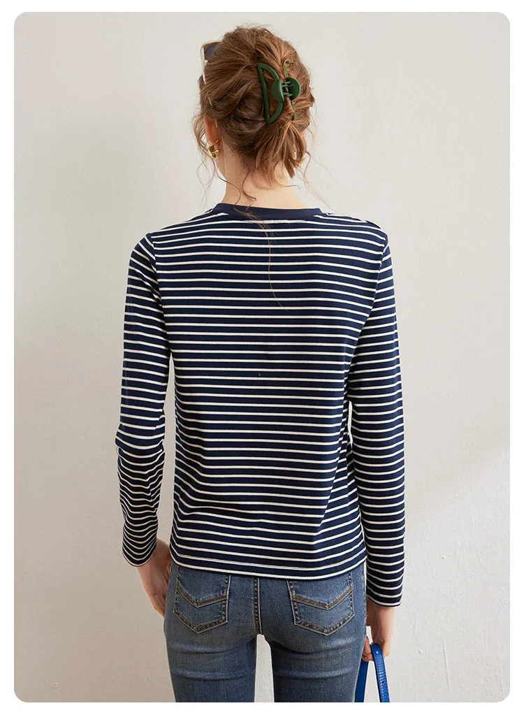 LOUISYAO Striped Long Sleeve T-Shirt Women 2026 Spring Summer Round Neck Bear Embroidery Stretchy Casual Ladies Tshirt