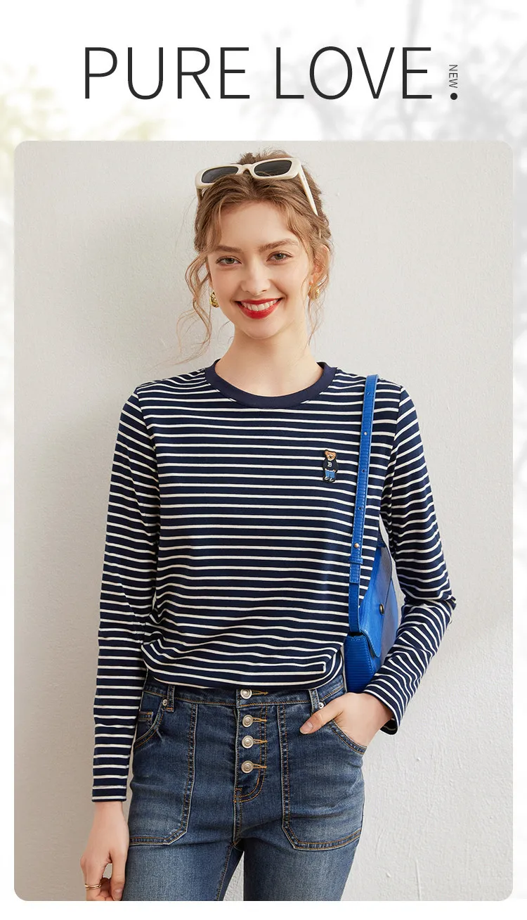 LOUISYAO Striped Long Sleeve T-Shirt Women 2026 Spring Summer Round Neck Bear Embroidery Stretchy Casual Ladies Tshirt